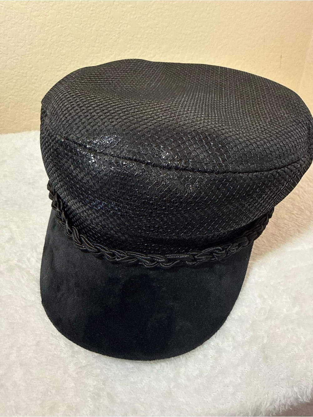 Women's Black Braided-Trim Fisherman Hat
